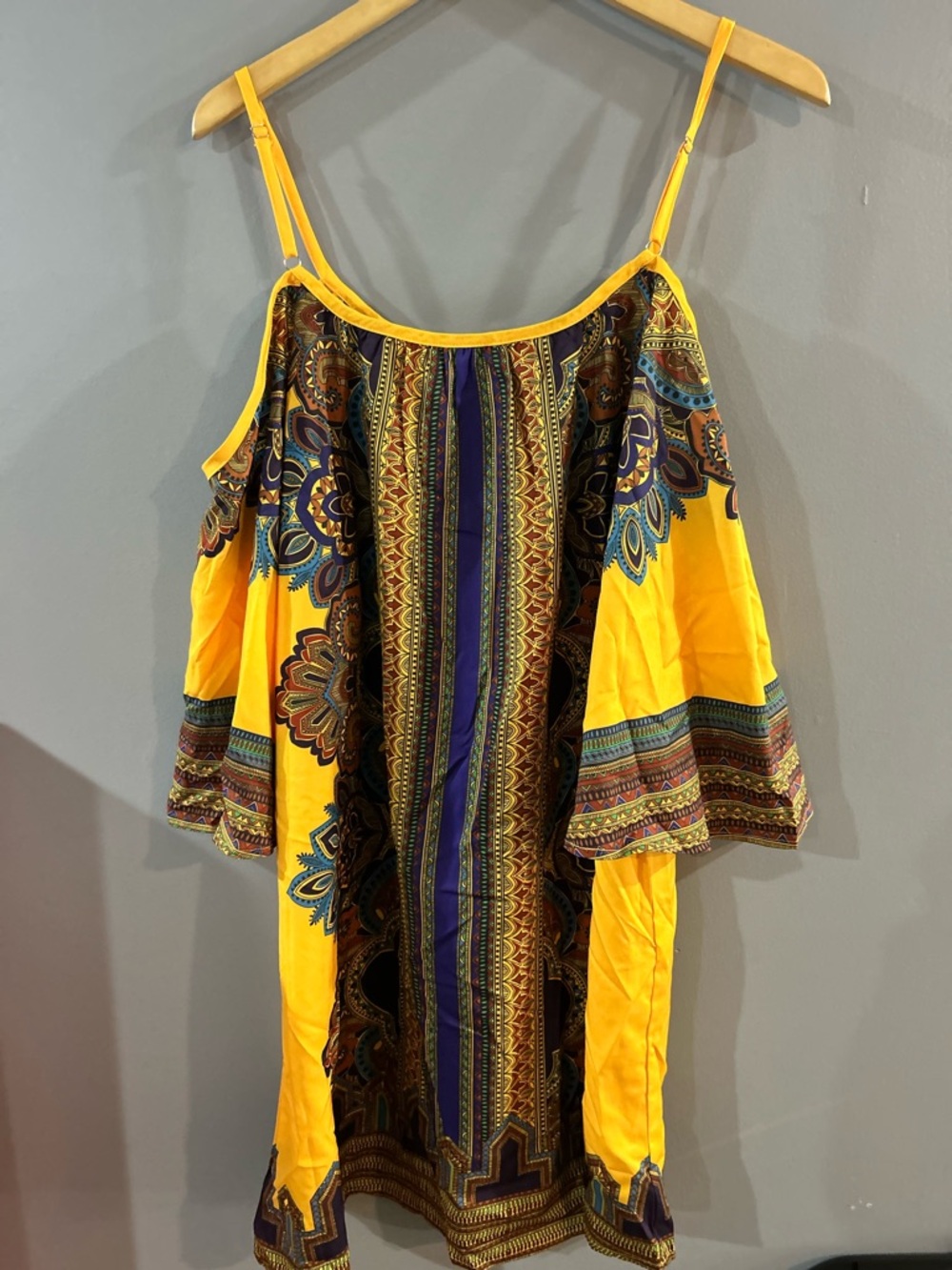 Yellow Boho Cold-Shoulder Mini Dress with Patterned Panel